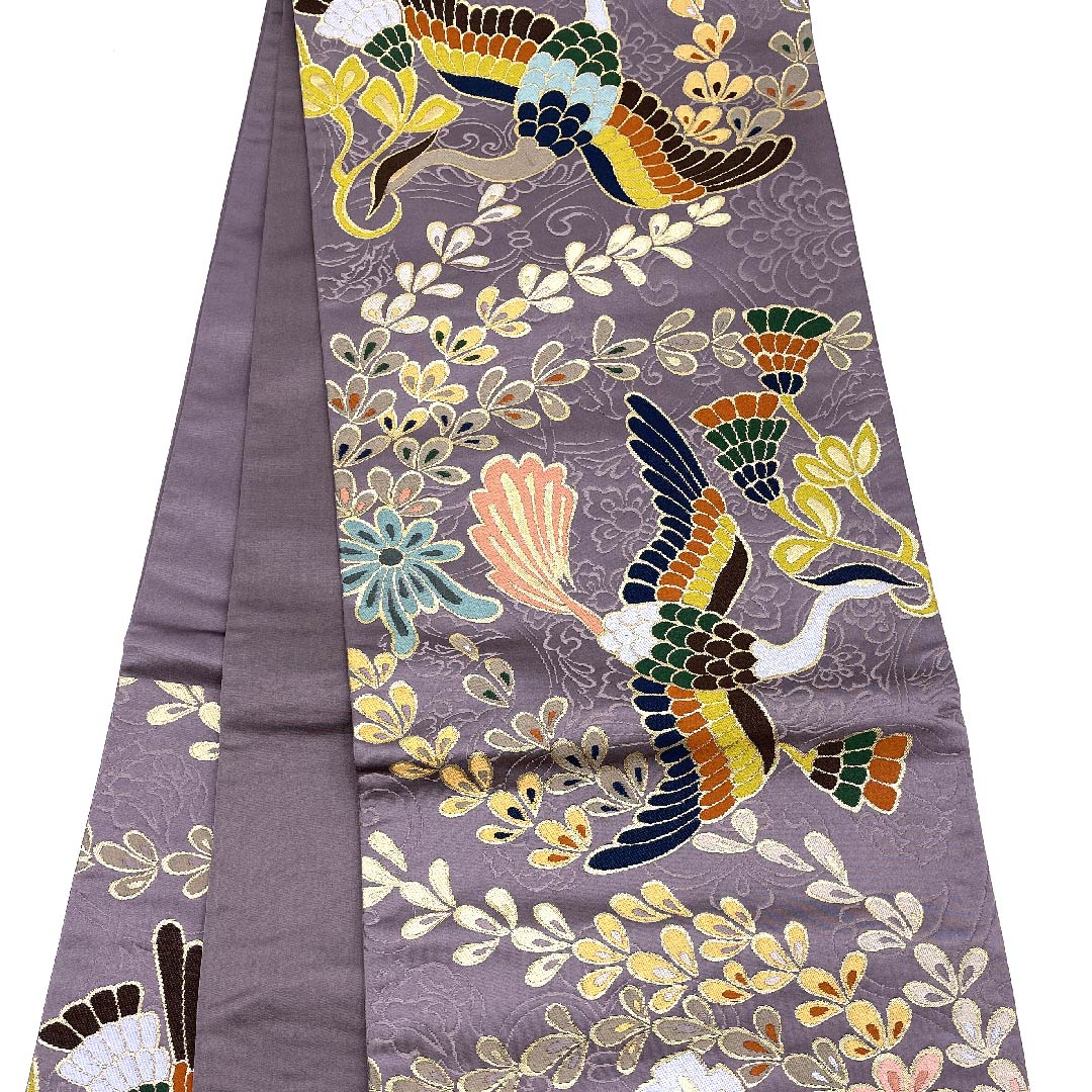 Fukuro Obi (light purple obi) for long-sleeved kimono, Shirayaen Oba, bird and flower, obi length 427cm, pure silk, S rank, six-pass, formal, purple, 1123009482320