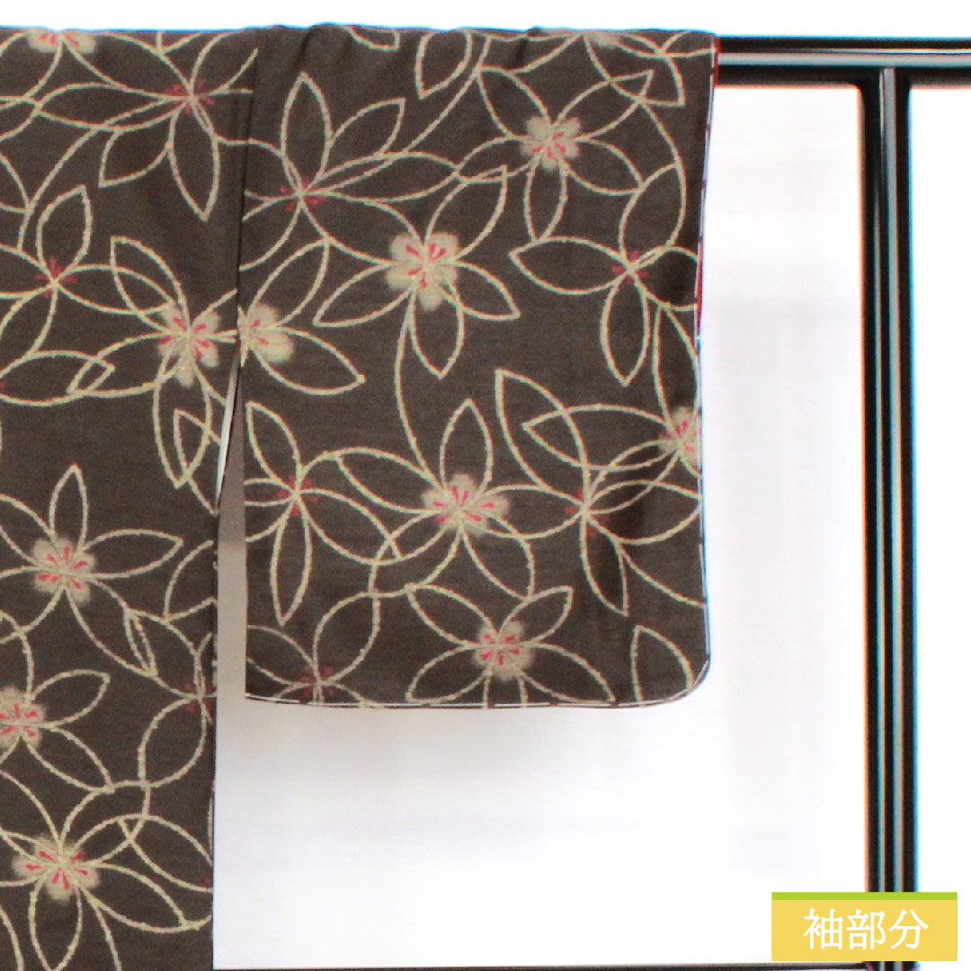 Small pattern, polyester, length 163.5cm, sleeve length 66cm, lined, black oak color, washable kimono, abstract flower, basting thread included, unused, S rank, black, 1115004932410