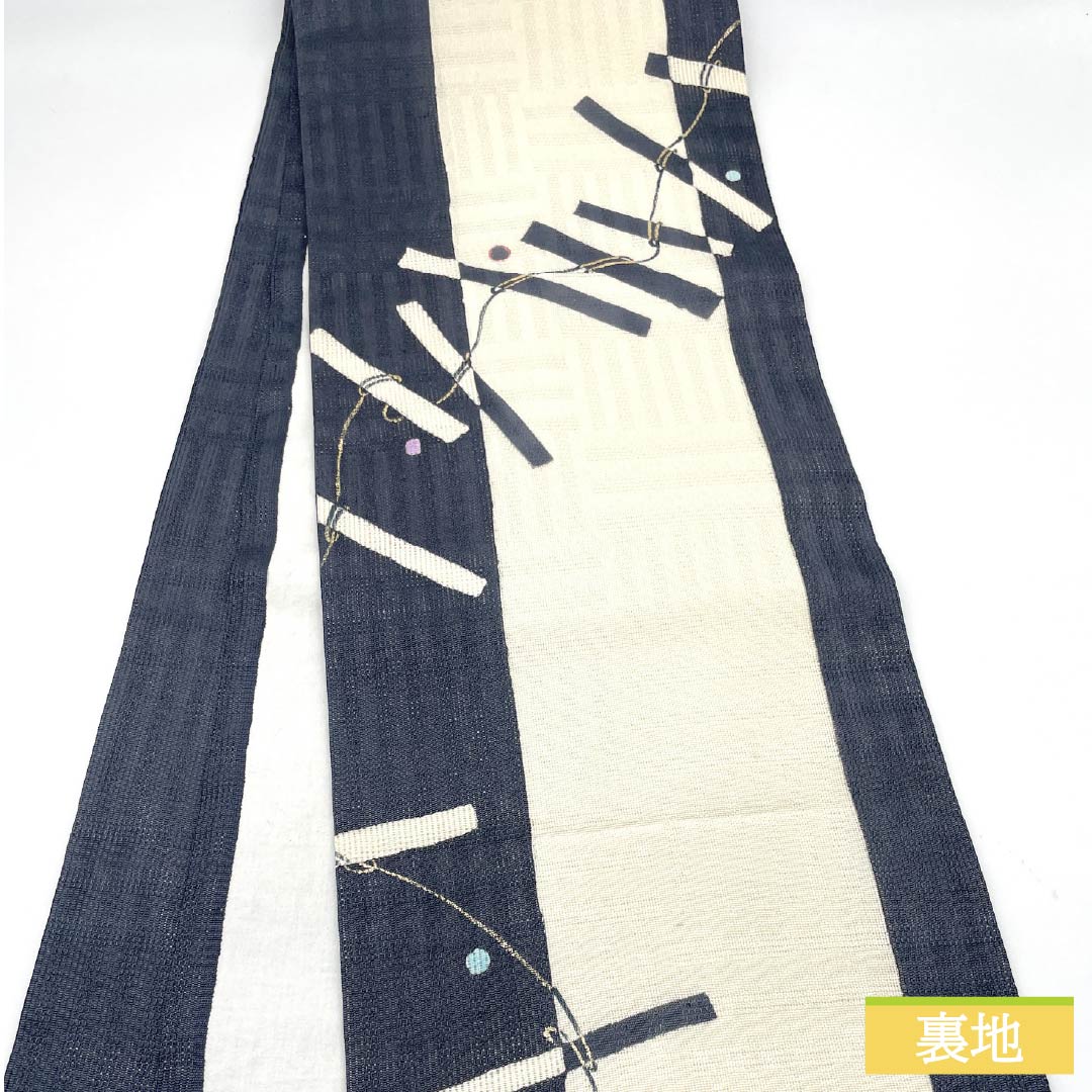 Nagoya obi, pure silk, dark blue, dyed obi, abstract pattern, summer obi, obi length 374cm, A rank, point pattern, casual, blue, 1124006793317, open style