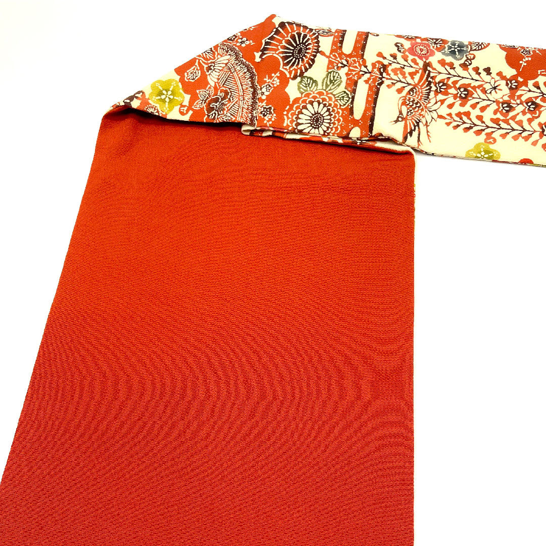 名古屋帯 京紅型 染め帯 縮緬 草花模様 帯丈395.5cm 正絹 Aランク 六通 カジュアル クリーム系 1124001963315 名古屋仕立て