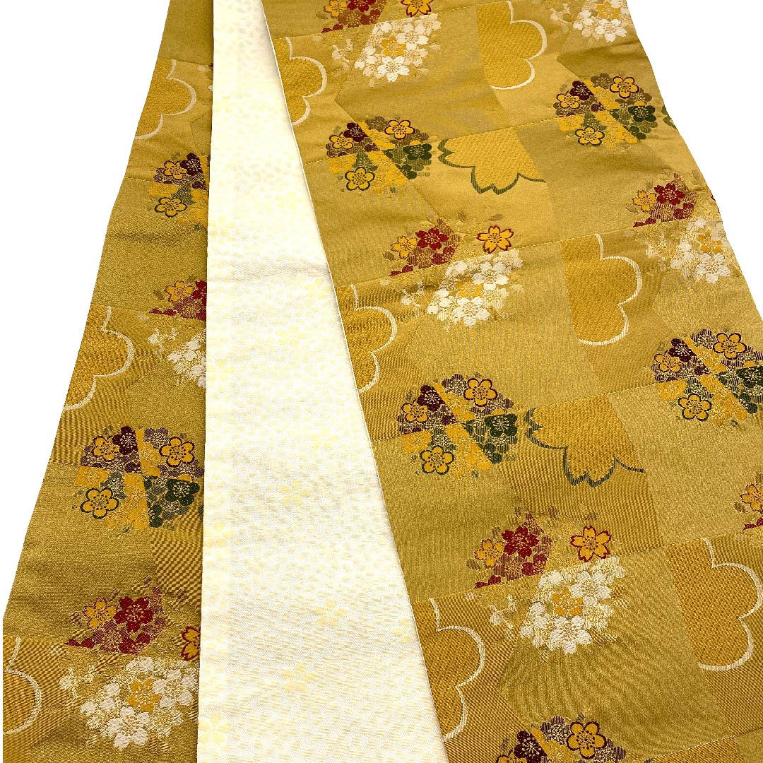 Nagoya obi, Kyobukuro obi, Umedani astringent color, cherry blossom, plum, checkered pattern, obi length 392cm, poly, A rank, full length, semi-formal, yellow, 1124003353323, open style