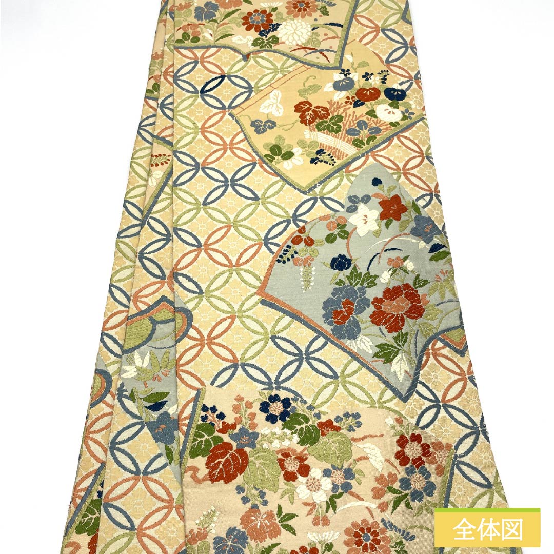 (Maru obi) Fukuro obi, pure silk, off-white (kinari-iro), Maru obi, Japanese style, Shippo, floral pattern, obi length 410cm, S rank, full length, formal, cream color, 1123013932315