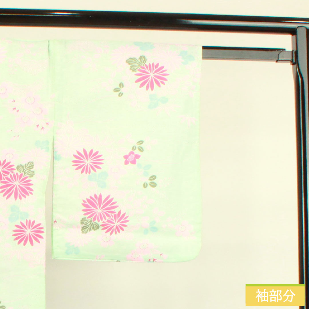 Yukata Cotton Length 168.5cm Sleeve length 64cm S rank Single layer Greenish white-green Chrysanthemum Cherry blossom Bush clover 1118004682519