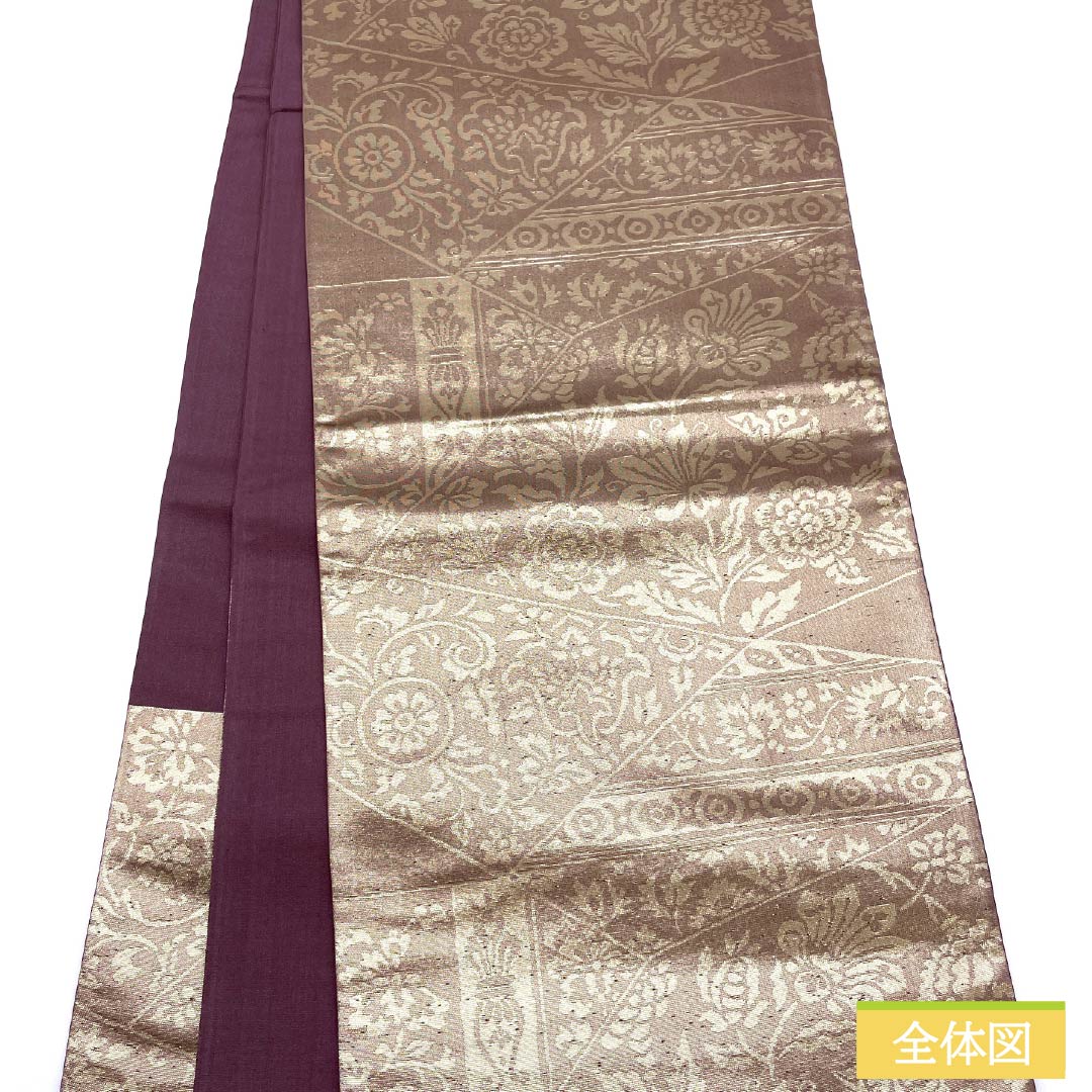 Fukuro Obi (Sash) - Pure Silk - Peony Gray - European Pattern - Obi Length 428cm - B Rank - Six Passes - Semi-Formal - Gold 1123012314321