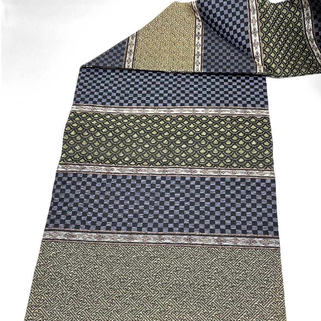 Nagoya obi, gradation, checkered pattern, Seigaiha pattern, Sayagata pattern, horizontal stripes, obi length 375.5cm, pure silk, S rank, full length, casual, gradation, 1124003192399, Nagoya style