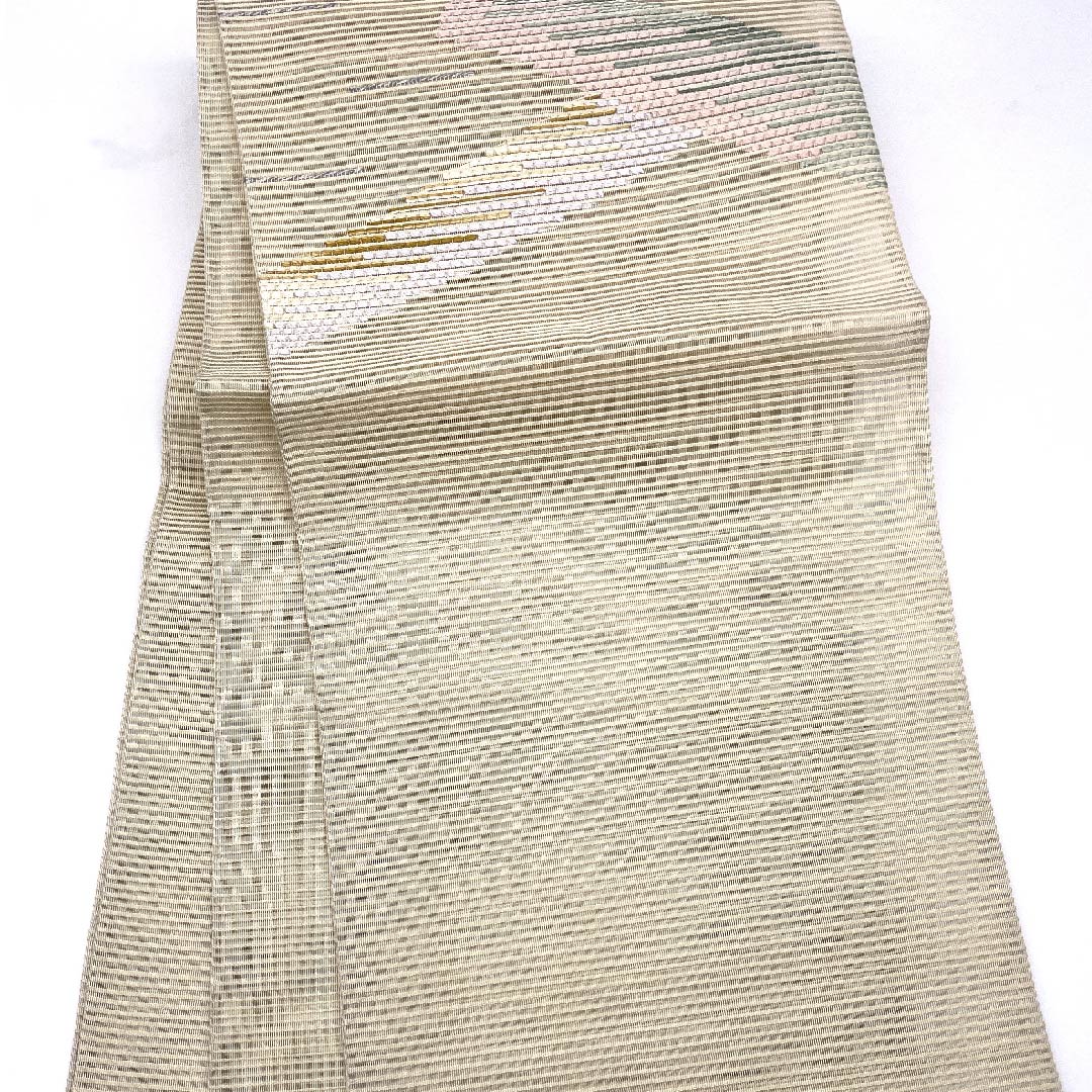(新品未使用品)袋帯 夏帯 生成り色(きなりいろ) 幾何学模様 夏物 帯丈454cm 正絹 NEWランク ポイント柄 セミフォーマル ベージュ系 1123008481425