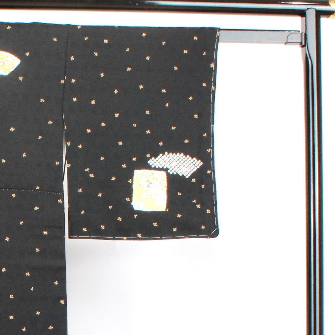 Homongi, lined, length 155cm, sleeve length 61.5cm, with basting thread, unused, Kyo-Yuzen, auspicious pattern, pure silk, S rank, black, 1112002662310