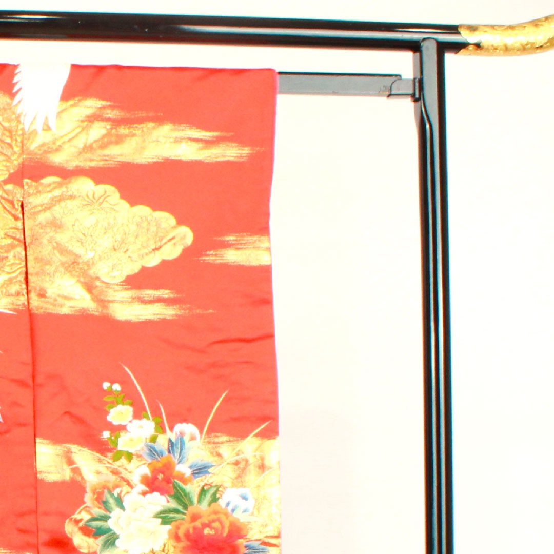 色打掛 身丈185cm 緋色 刺繡 花車 鶴 正絹 Bランク 袷 朱系 1110000264916