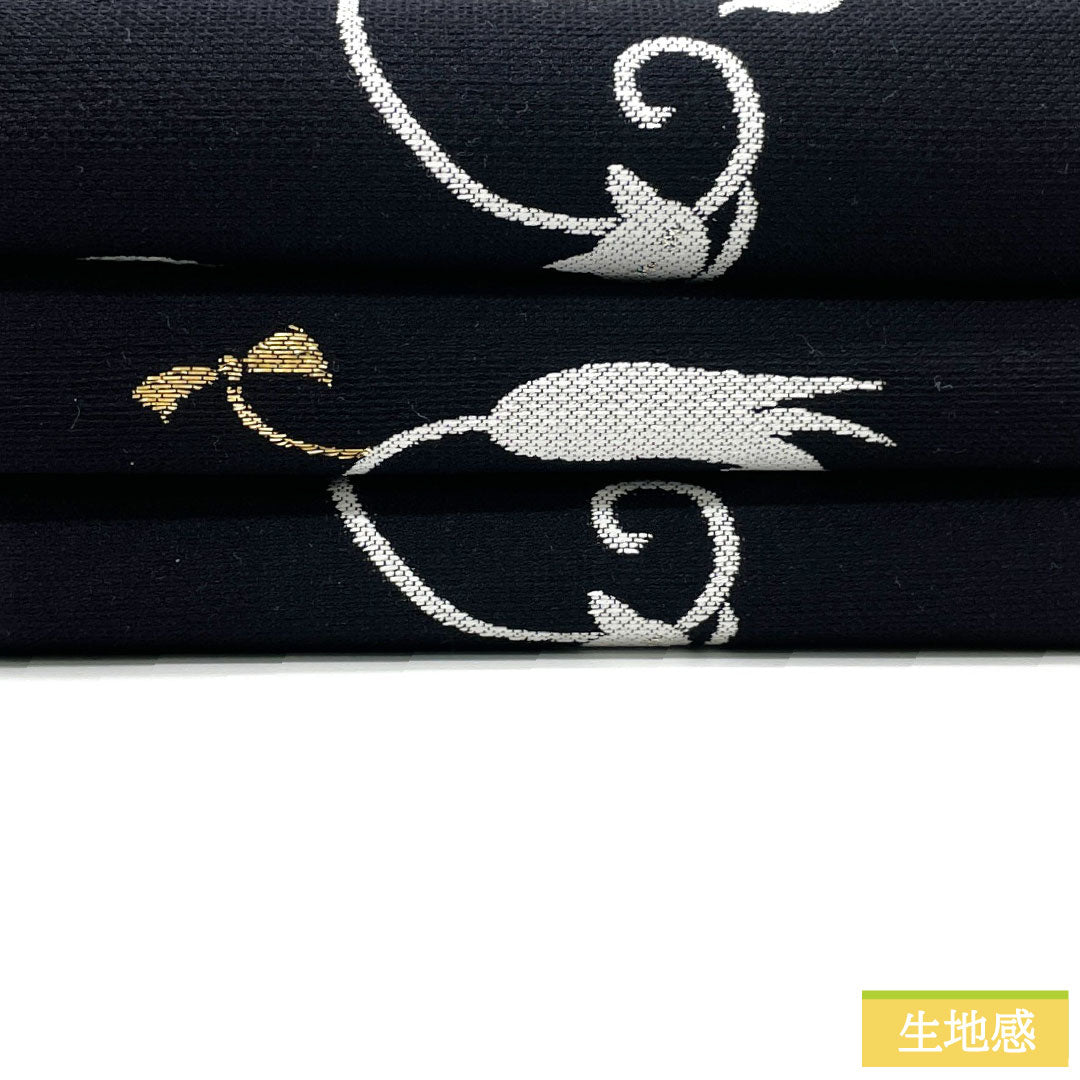 (Brand new, unused) Half-width Obi (sash) in pure silk, black, featuring a cat, abstract zebra, and other patterns. Reversible, full-length, 458cm long. Product code: 1125002271410