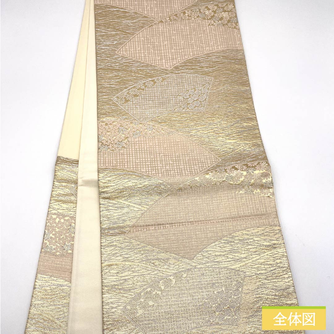 袋帯 正絹 花模様 留袖用 扇面 紅葉 帯丈428cm Aランク 六通 フォーマル 金系 1123014223321