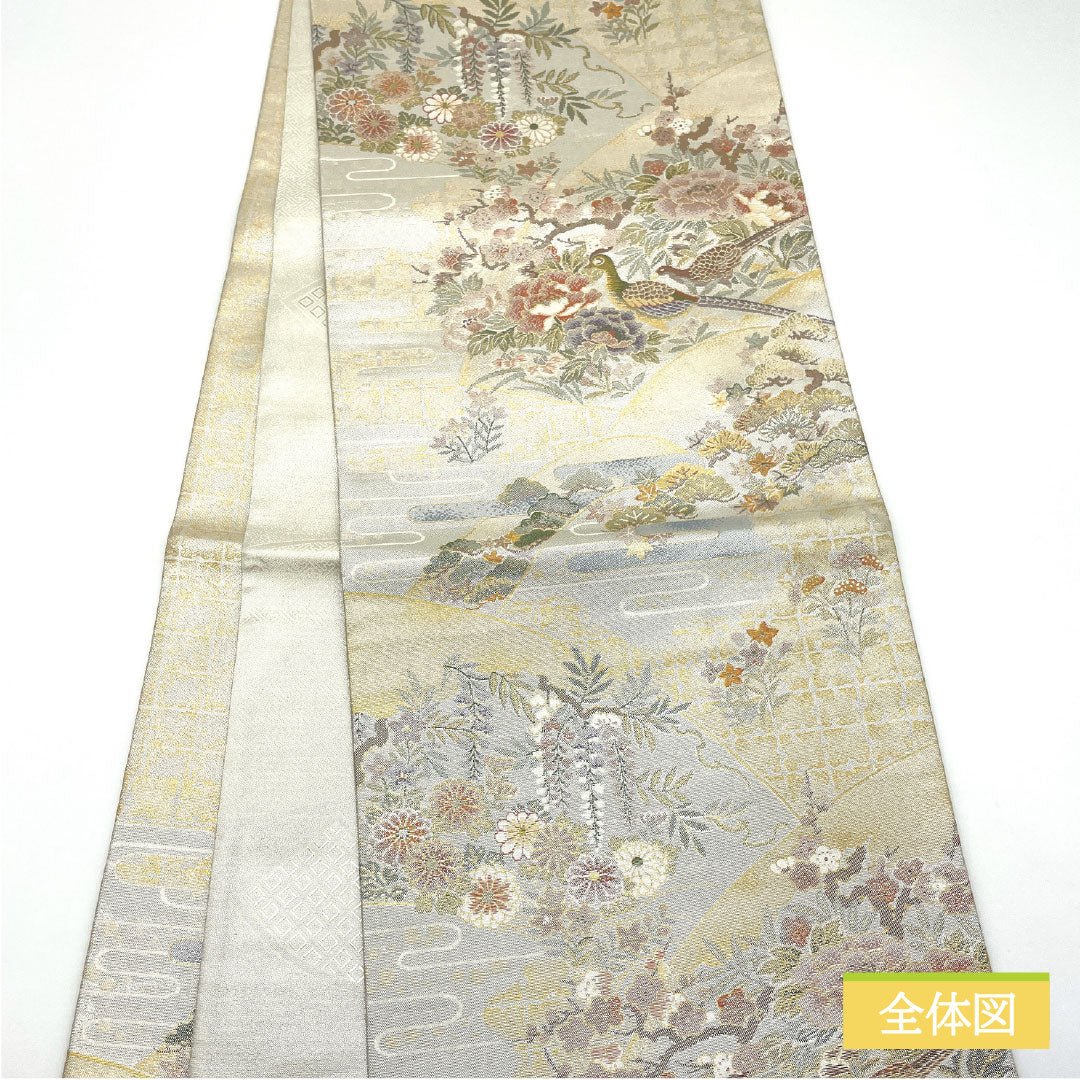 Nishijin-ori Silk Fukuro Obi (Sash), Grade A, with a Fan and Auspicious Design, Length 434cm, Six-Ply, Formal, Silver, Product Number: 1123016173322