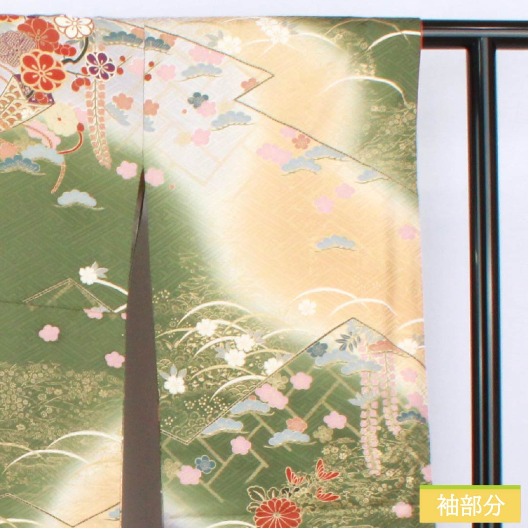 振袖 正絹 Aランク 身丈170.5cm 裄丈68.5cm 袷 山鳩色(やまばといろ) 京友禅 吉祥文様 梅 松 緑系 1113002173619