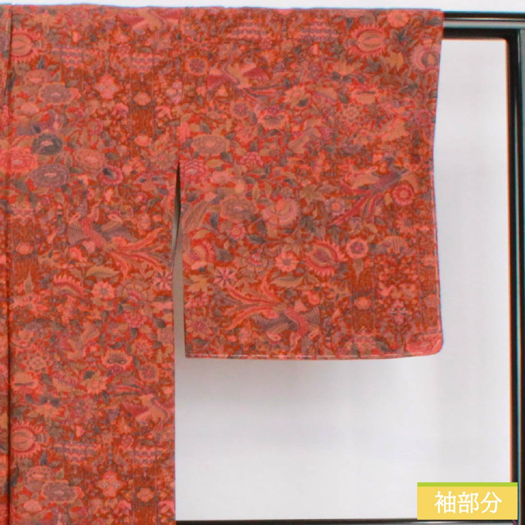 Komon, pure silk, length 159.5cm, sleeve length 64cm, lined, scarlet brown, stencil dyeing, chintz pattern, with basting thread, S rank, brown, 1115005012314