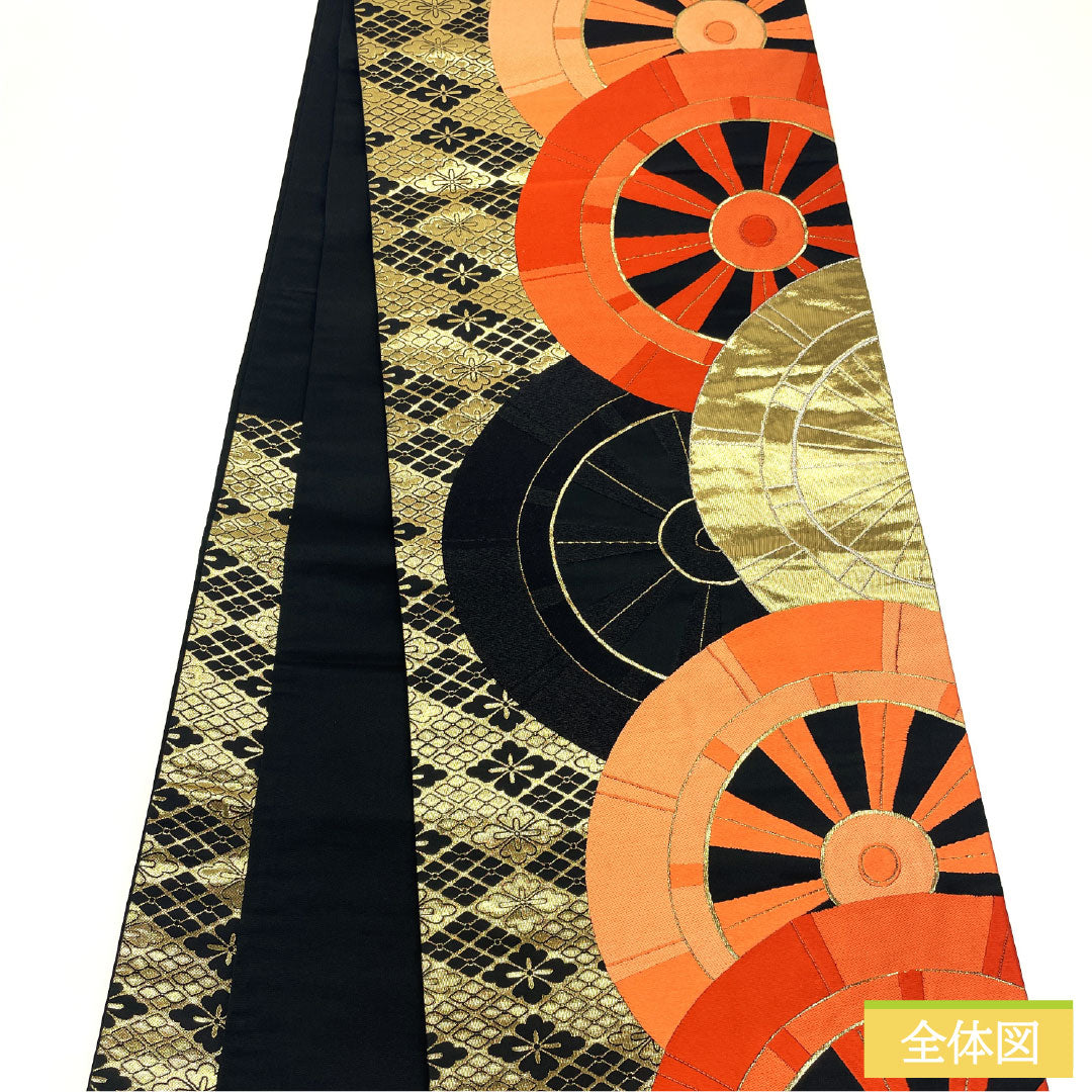Formal black obi, pure silk, S-rank, Nishijin-ori weave, with artful gold leaf and Genji wheel motif, length 416cm, six-fold, 1123017152310