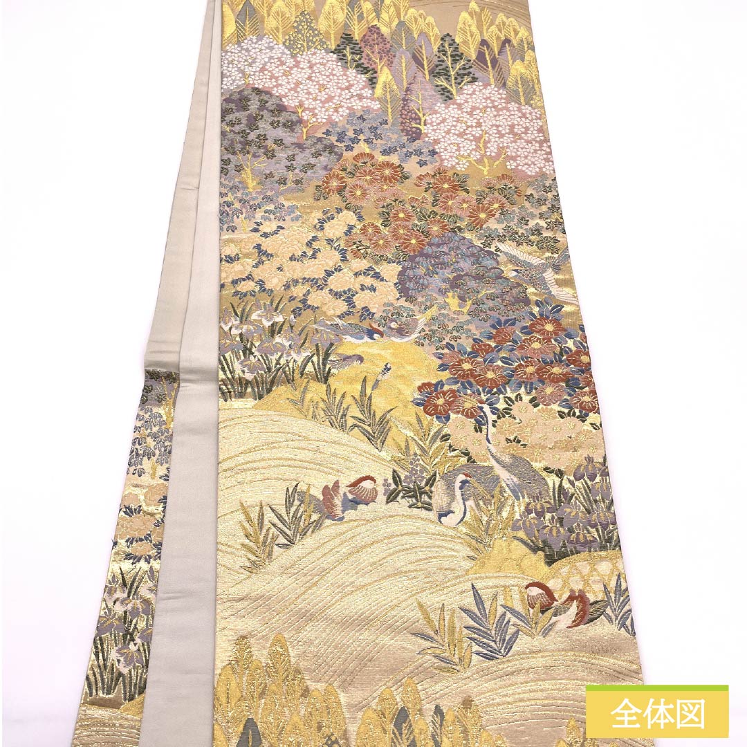 Fukuro Obi, pure silk, gold color, crane, phoenix, mandarin ducks, landscape, obi length 432cm, S rank, six-way, formal, gold-based, 1123012062321