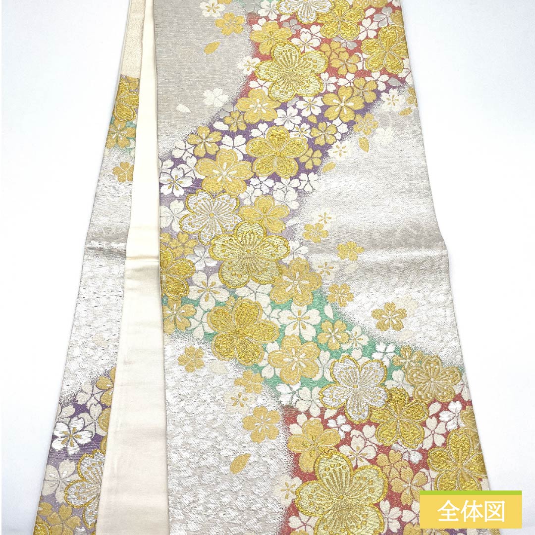 Fukuro Obi (Sash) - Pure Silk, Silver-White Color, Cherry Blossoms, Length 450cm, A Rank, Six-Way, Formal, Silver, 1123012133422