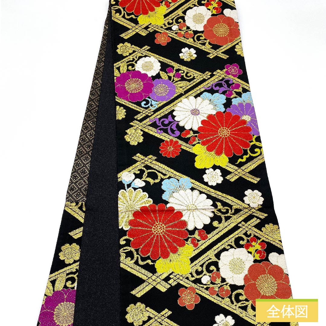 Fukuro Obi, pure silk, black, diamond pattern, chrysanthemum, cherry blossom, plum, obi length 454cm, S rank, six-pass, formal, black, 1123011582410