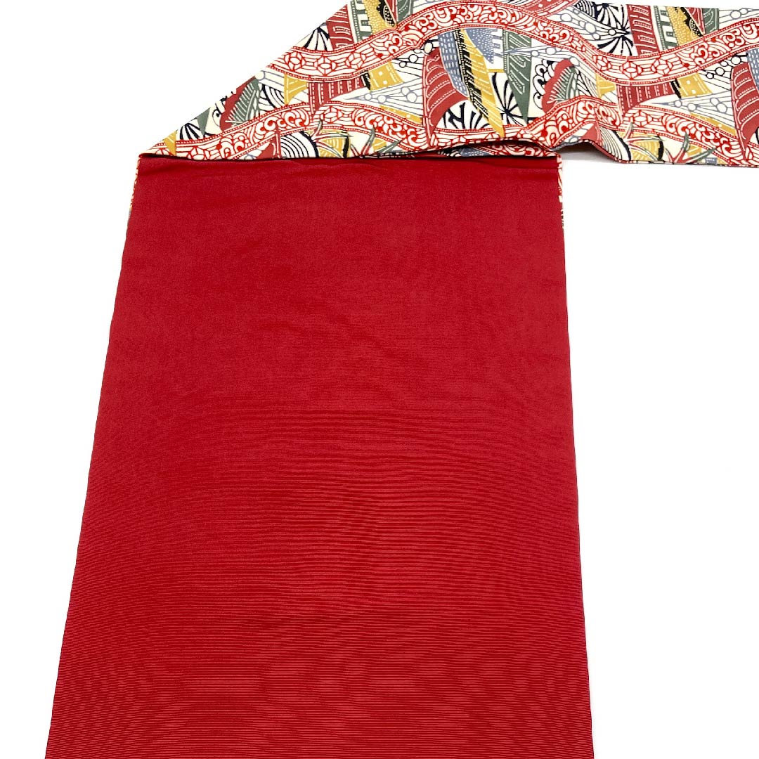 名古屋帯 茜色 型染 京紅型 抽象模様 帯丈350cm 正絹 Sランク 全通 カジュアル 赤系 1124003552312 名古屋仕立て