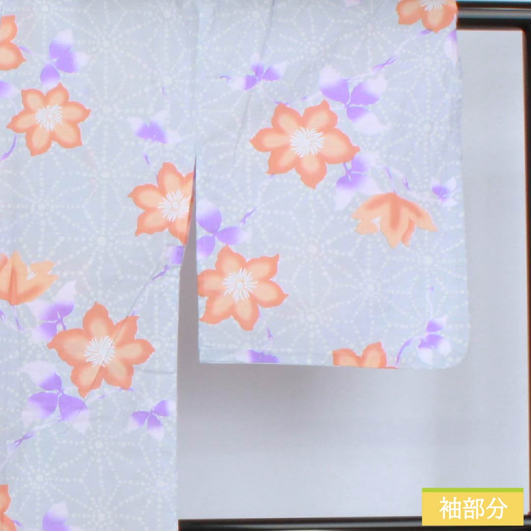 Cotton Yukata, Length 164.5cm, Sleeve Length 67.5cm, S Rank, Single Layer, Grayish, Hakudo-iro (White Copper Color), Hemp Leaf Flower Design, 1118006522422