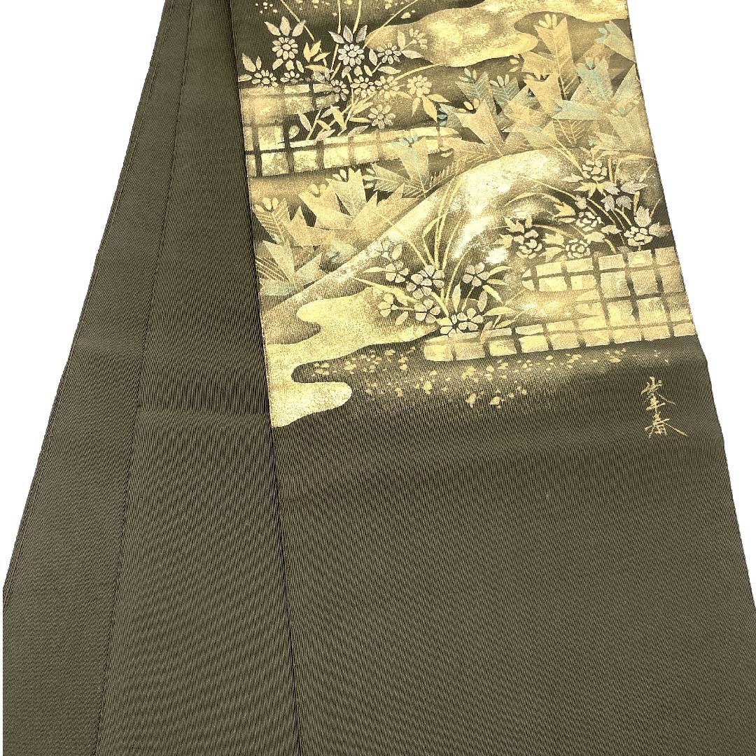 Nagoya obi, black oak color, floral pattern, artist's work, obi length 366cm, pure silk, A rank, point pattern, semi-formal, green, 1124003813319, open style