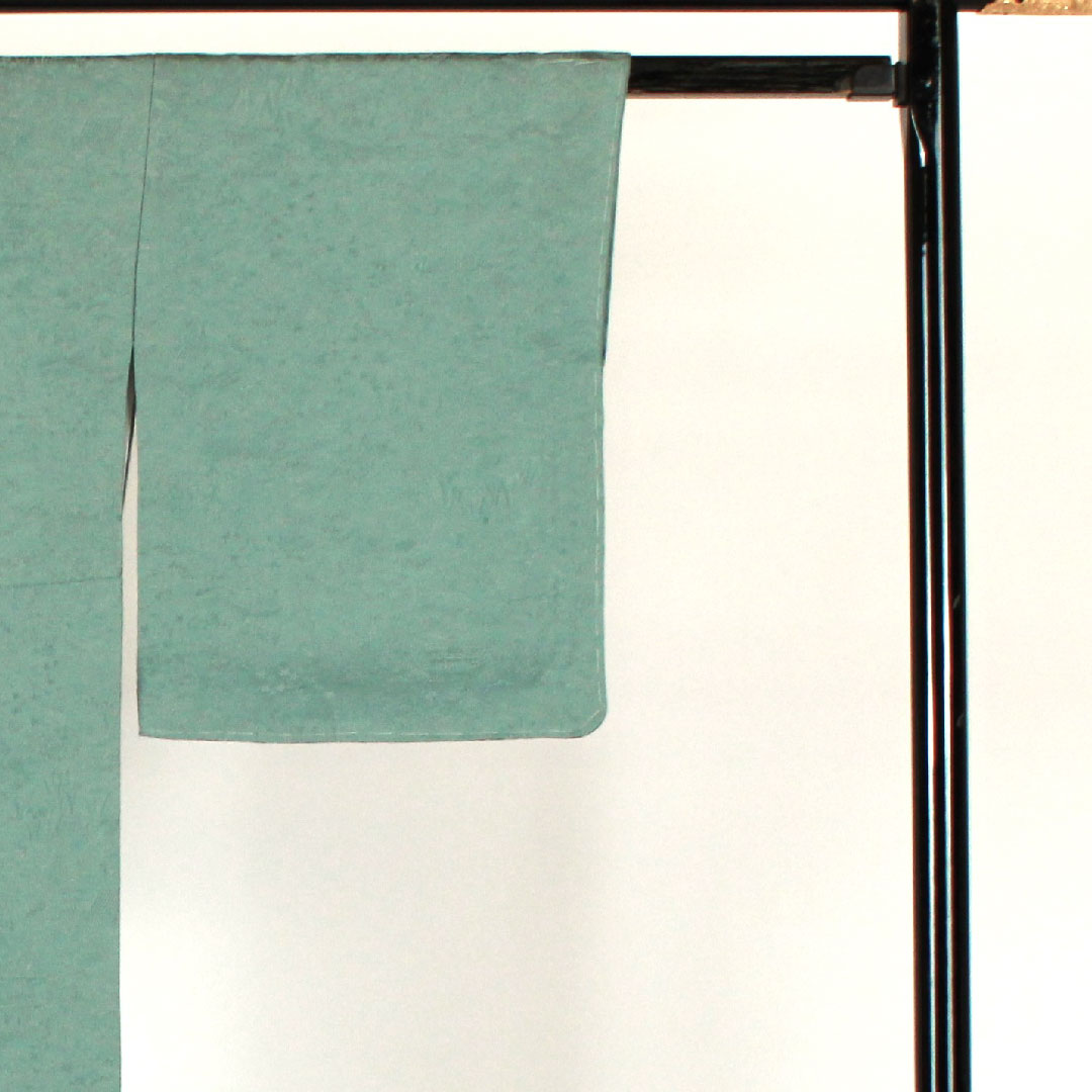 Plain color, Kotobukiori, Temple scenery pattern, Sword and katabami, Length 162cm, Sleeve length 64cm, Lined, Pure silk, S rank, Blue, 1114000302317