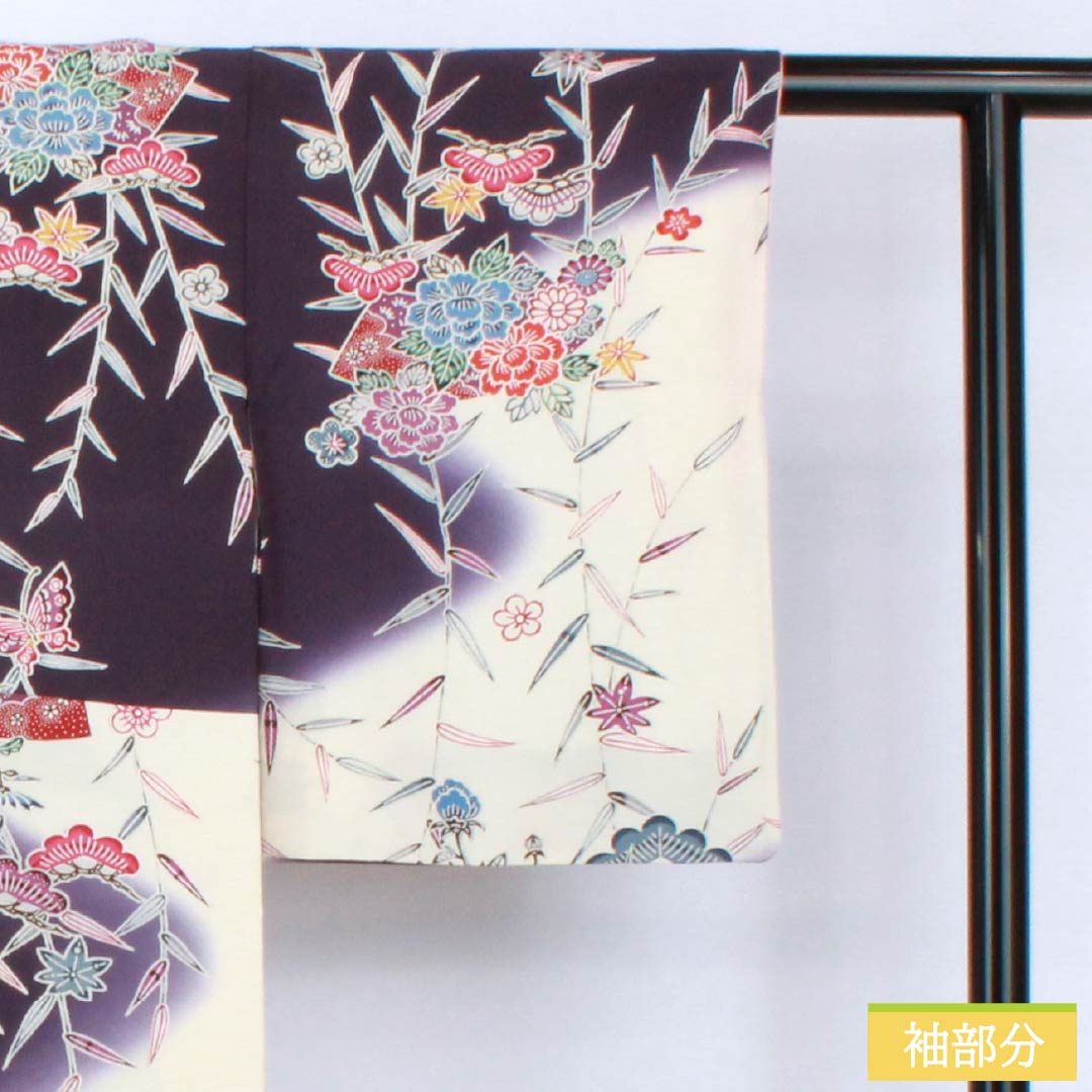 Homongi Silk A Rank Awase 155.5cm Length 62cm Sleeve-to-sleeve Deep Purple Kyo-Bingata Pine, Bamboo, Plum, Butterfly, Fan, Chrysanthemum Purple System 1112006403320