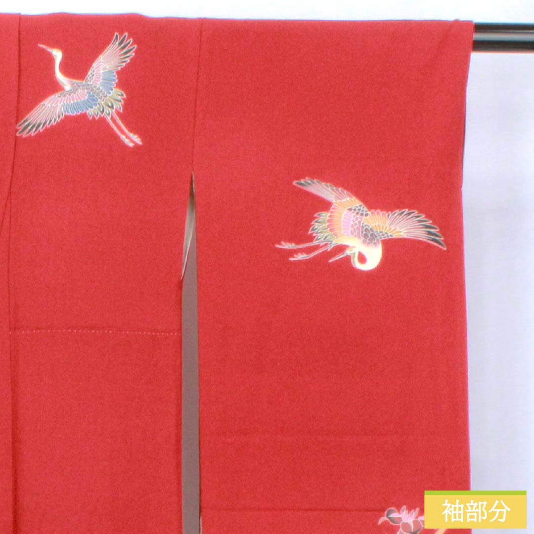 振袖 正絹 Sランク 身丈161.5cm 裄丈63.5cm 袷 生臙脂色(しょうえんじいろ) 京紅型 鶴 流水 桜 菖蒲 赤系 1113002372412