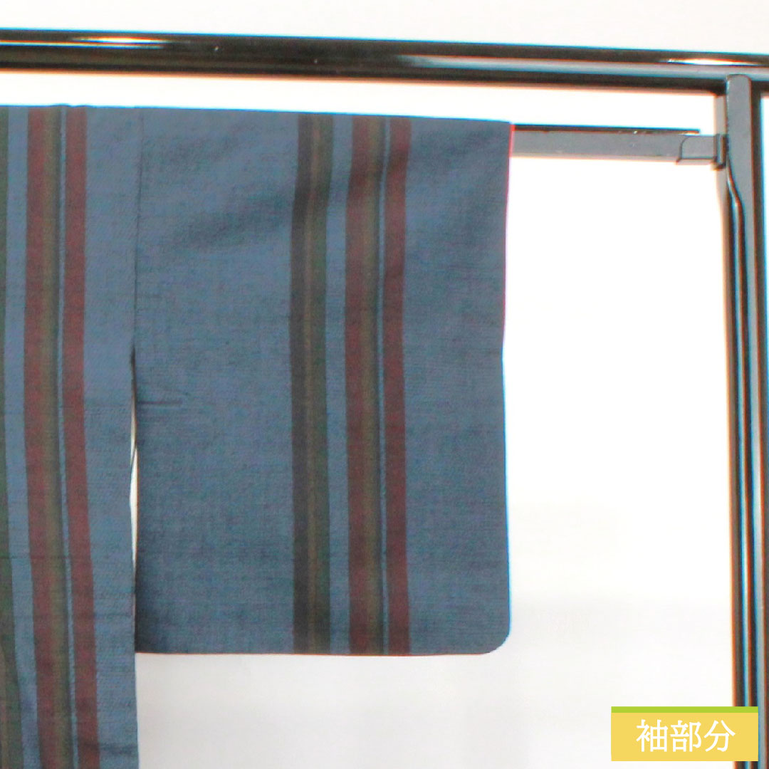 Tsumugi silk, length 168cm, sleeve length 64cm, hexagonal pattern, stripes, S rank, lined, navy blue, 1116003092518