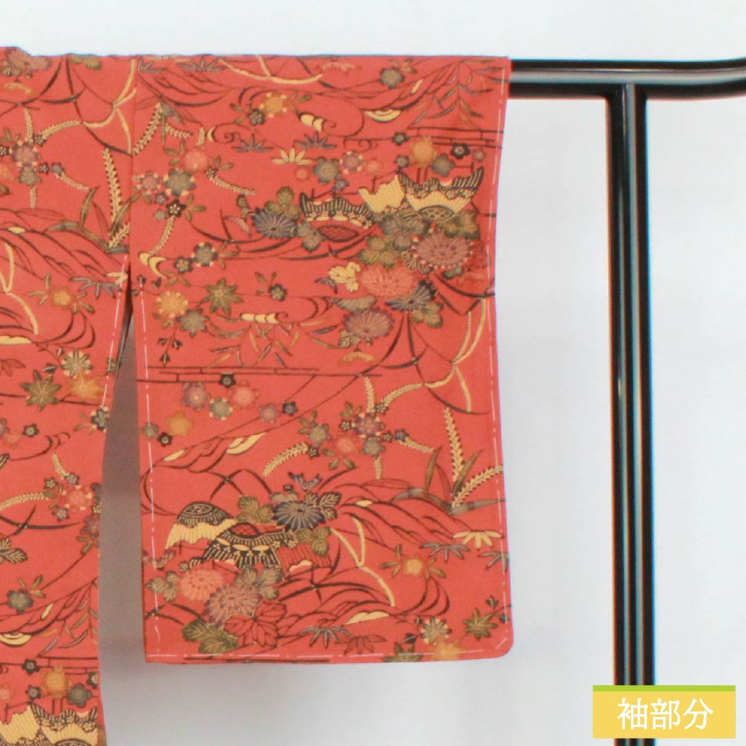 Small-patterned kimono, polyester, S rank, length 169.5cm, sleeve length 67cm, lined, scarlet copper (hidoushoku) color, stencil-dyed floral pattern, with basting thread, washable, brown, 1115007112514