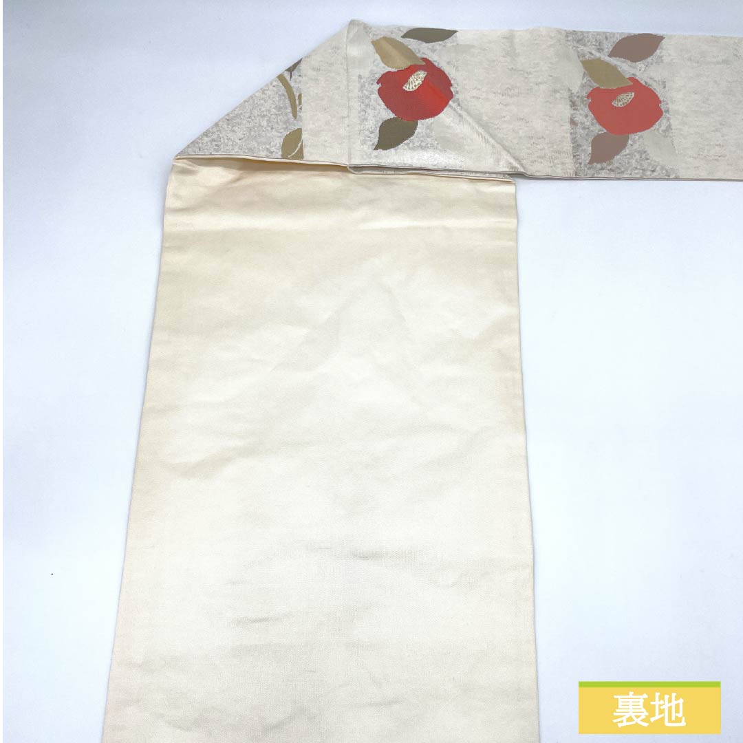 Nagoya obi, chalk-colored, Hasegawa Orimono, Shinei Saika, camellia, obi length 359cm, pure silk, S rank, six-pass, casual, silver, 1124007872322, Nagoya-made