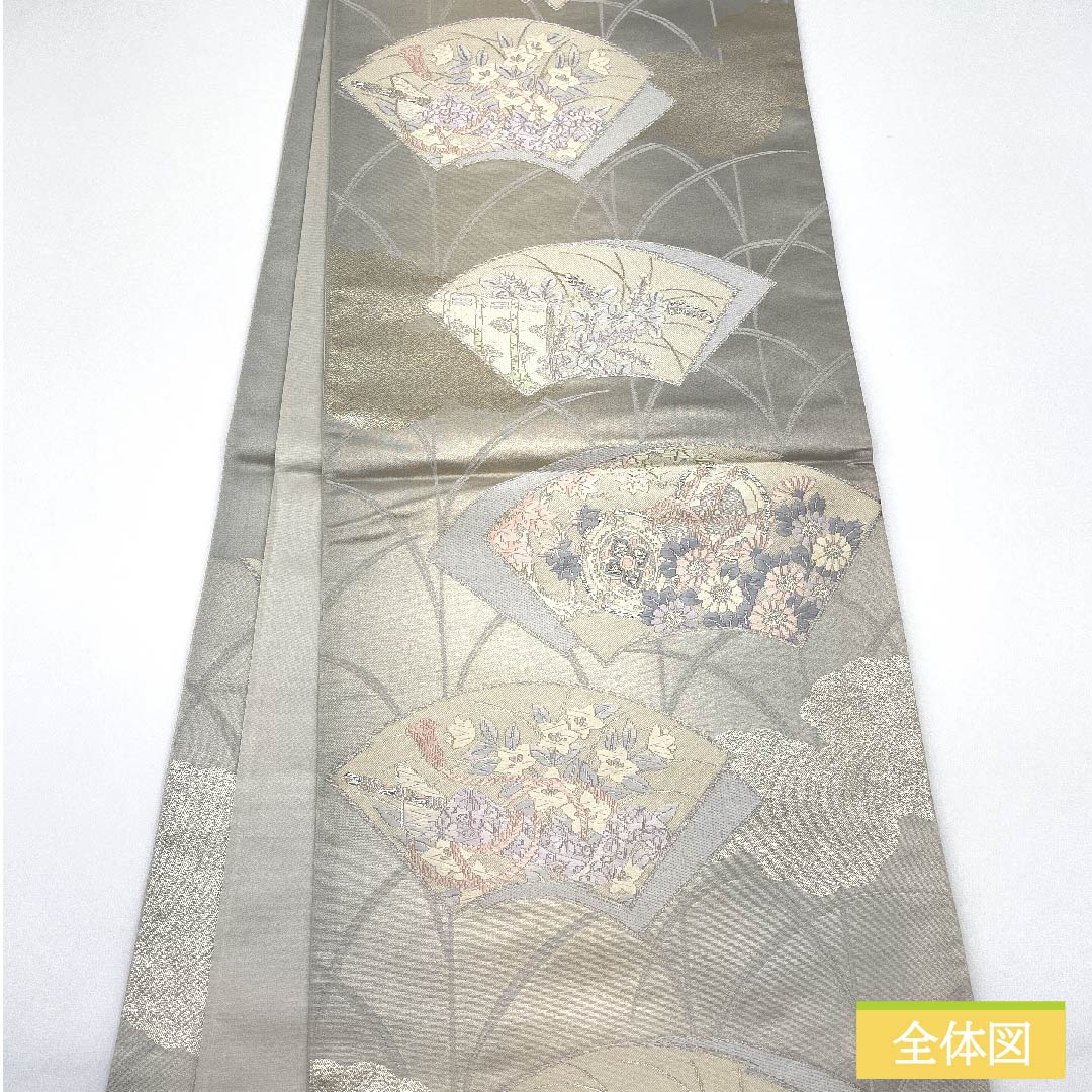 Fukuro Obi (Sash) - Pure Silk, Light Gray, Fan Pattern, Bellflower, Drum, Autumn Leaves, Length 428cm, A Rank, Six-way, Formal, Gray, 1123011823322