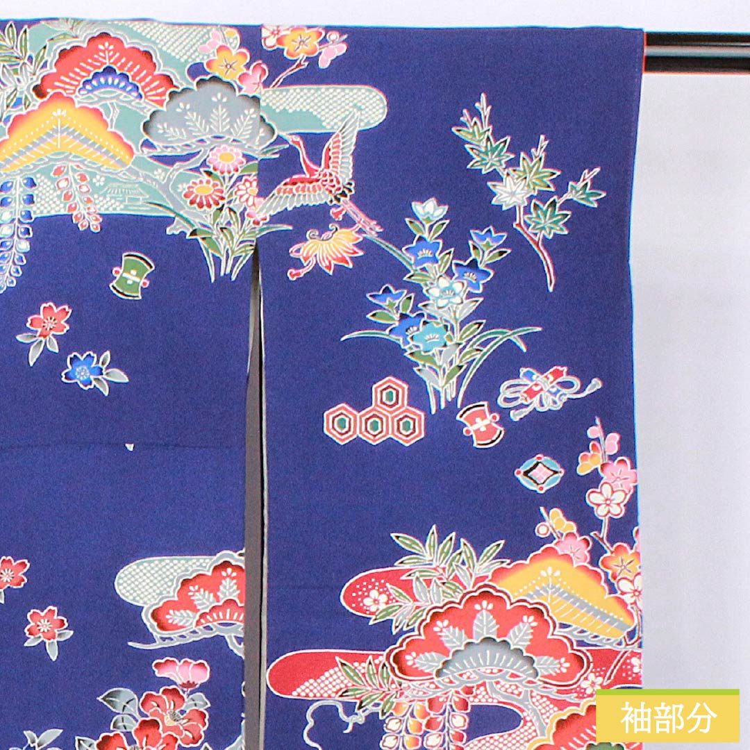振袖 正絹 Aランク 身丈154.5cm 裄丈65cm 袷 青紫色(あおむらさきいろ) 京紅型 吉祥文様 松 藤 菖蒲 青系 1113002383217