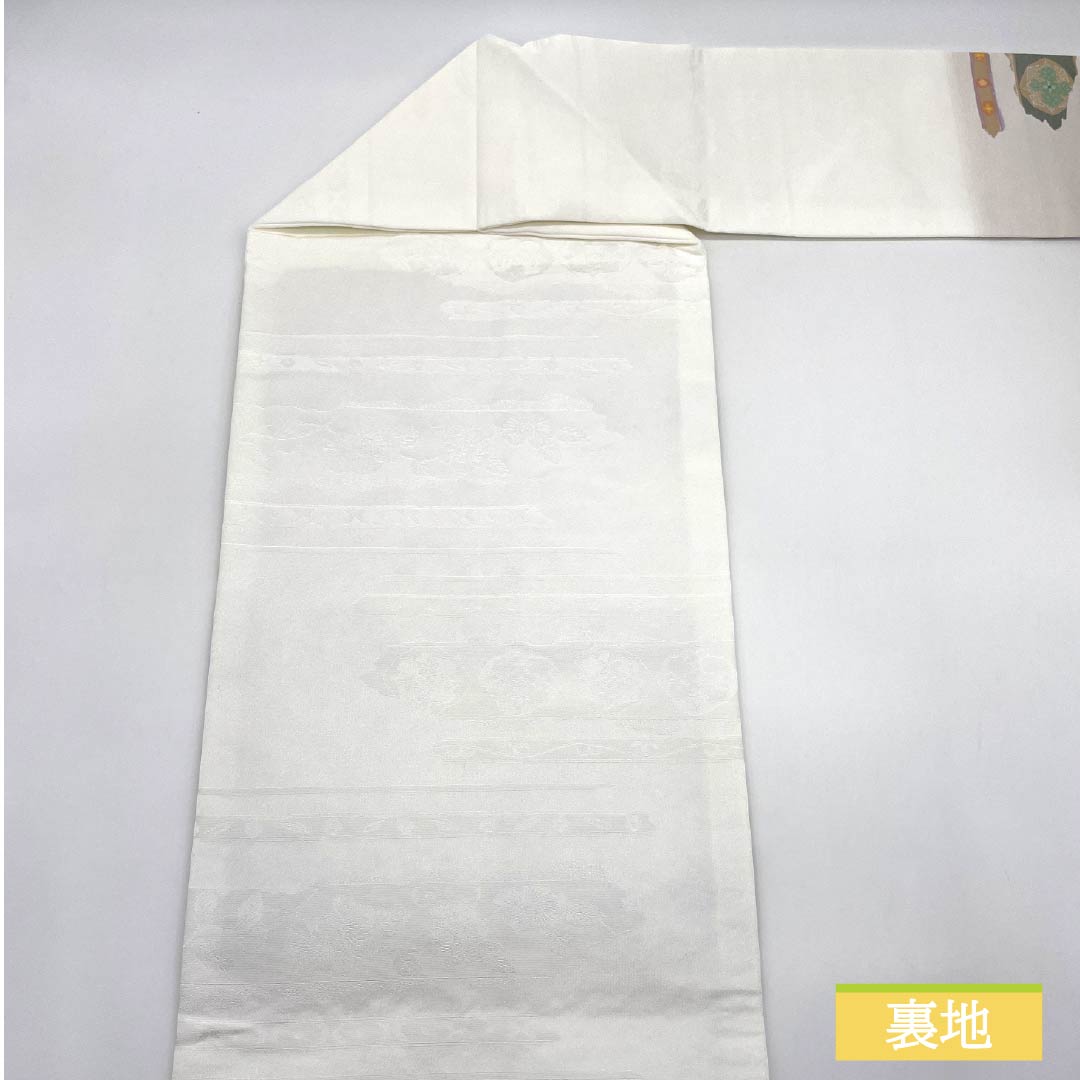 Nagoya Obi, Polyester, S-Rank, Classic Pattern, Horizontal Stripes, Chinese Flowers, Length 372cm, Pointed Pattern, Semi-Formal, White, 1124010792311, Nagoya Style