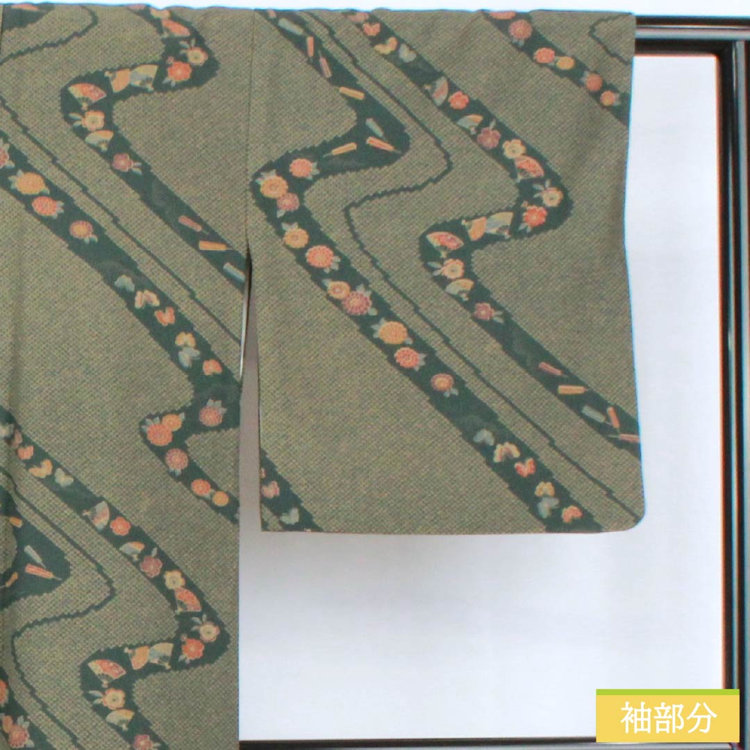 Small pattern, polyester, length 159cm, sleeve length 67cm, lined, iron color, washable kimono, flowing water, butterfly, S rank, green, 1115005192319