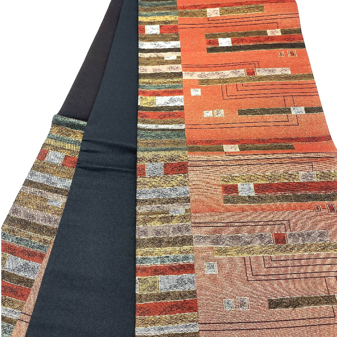 Fukuro obi (sash) in oxblood red with horizontal stripes and geometric patterns, obi length 442cm, pure silk, S rank, six-pass, semi-formal, vermilion, 1123002752316