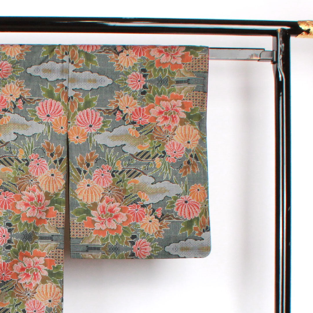 Oshima Tsumugi, Length 156.5cm, Sleeve length 64.5cm, Warp and weft ikat, Floral pattern, Pure silk, A rank, Lined, Green, 1116001853319
