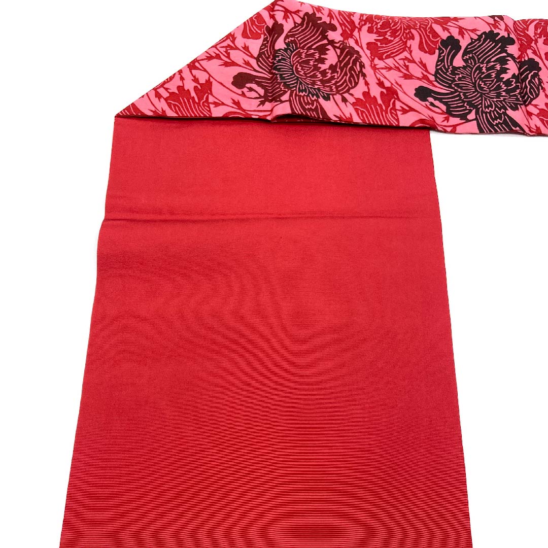 名古屋帯 中紅花色 草花模様 染帯 帯丈358cm 正絹 Aランク 六通 カジュアル 赤系 1124003493312 名古屋仕立て