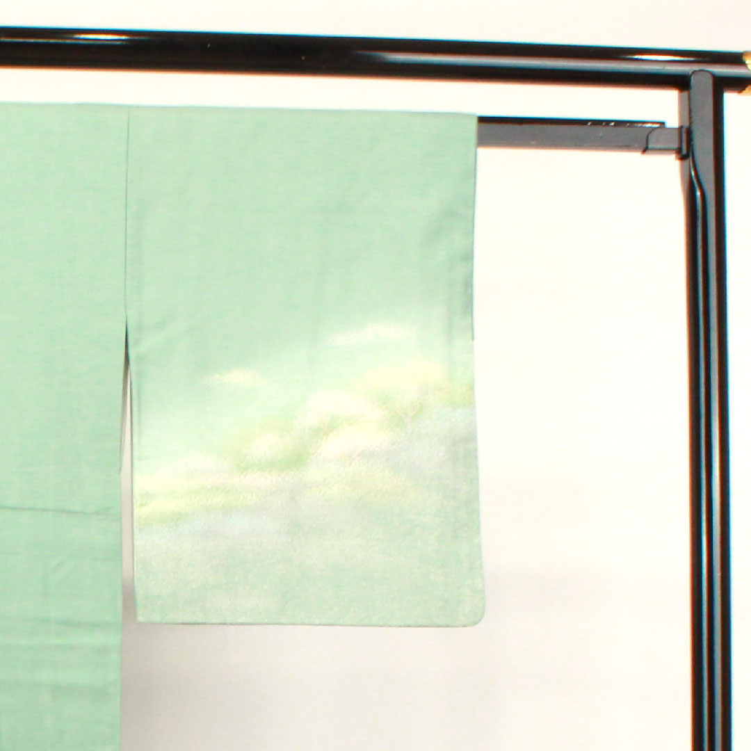 Homongi, pure silk, lined, length 161cm, sleeve length 62.5cm, bean blue, Ushiku Tsumugi, abstract pattern, A rank, green, 1112003263419