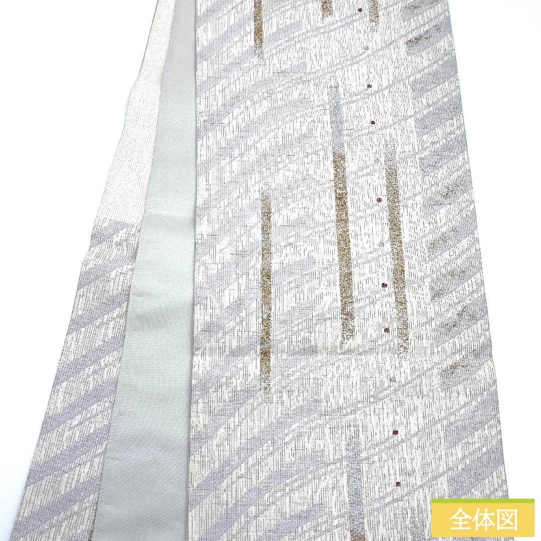 袋帯 正絹 胡粉色(ごふんいろ) 幾何学模様 縞 ドット 帯丈444cm Sランク 六通 カジュアル 白系 1123010912311