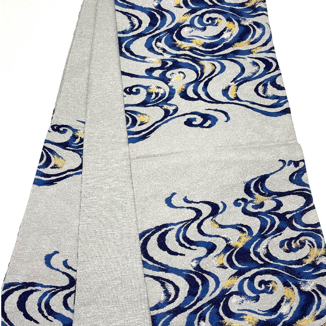 Fukuro obi (light grey) with silver thread, natural ash fermentation, indigo dyeing, abstract pattern, obi length 436cm, pure silk, A rank, six-pass, formal, grey, 1123007533322