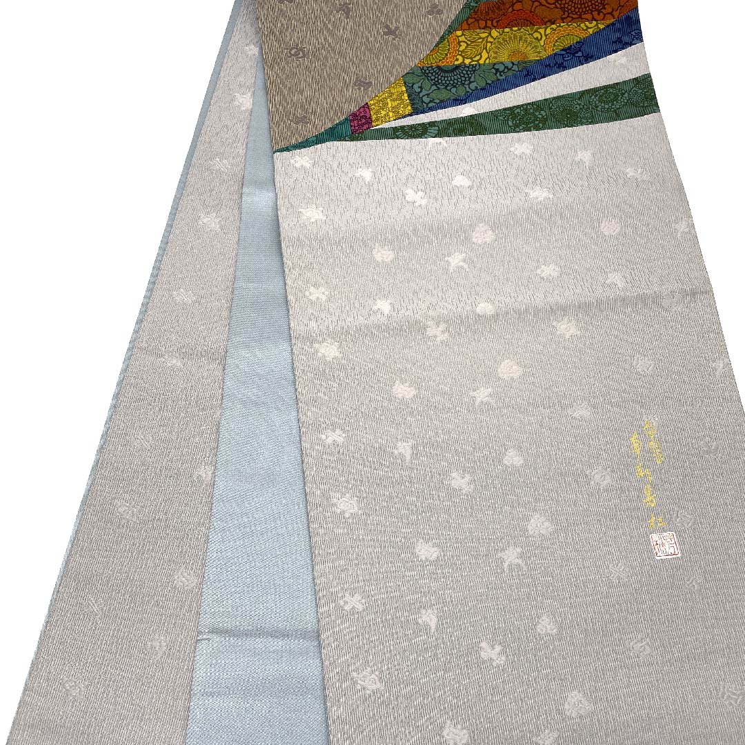 Fukuro obi, tin color (suzuiro) and lye gray (akunezuiro), living national treasure, inlay, obi length 444cm, pure silk, A rank, point pattern, casual, gray, 1123006723322