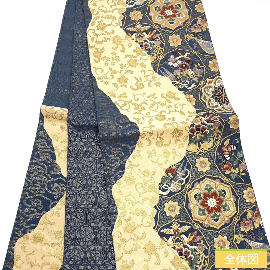 Fukuro Obi (back color) Ogi Orimono Flower pattern Phoenix Gagaku Obi length 424cm Pure silk S rank Six-pass Formal Blue 1123010612317