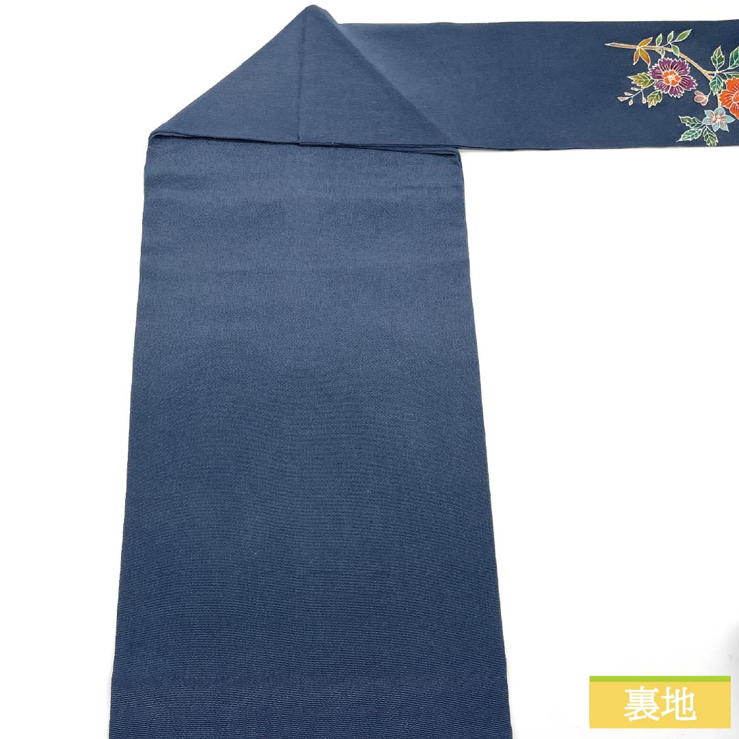 名古屋帯 正絹 Sランク 瞑色色(めいしょくいろ) 型染 ちりめん地 花鳥図 帯丈353cm ポイント柄 カジュアル 青系 1124010432317 名古屋仕立て