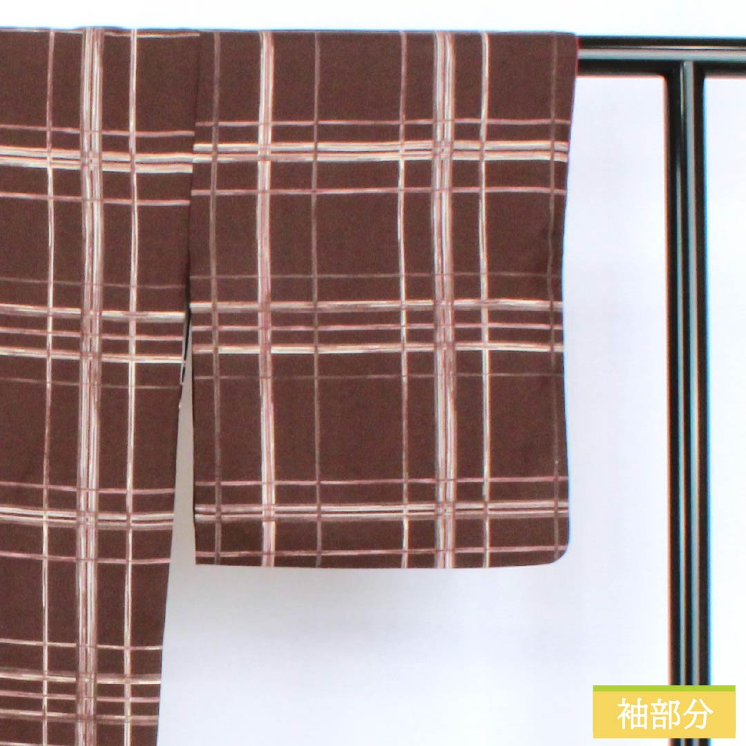 Komon (small pattern) polyester kimono, S rank, length 167.5cm, sleeve length 68cm, lined, burnt brown (kogareiro) check pattern, washable, brown, 1115007522514
