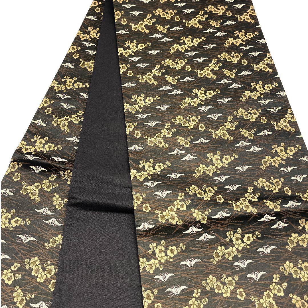 Fukuro Obi Black Pine Plum Bird Obi Length 454cm Pure Silk S Rank Full Length Casual Black 1123002852410