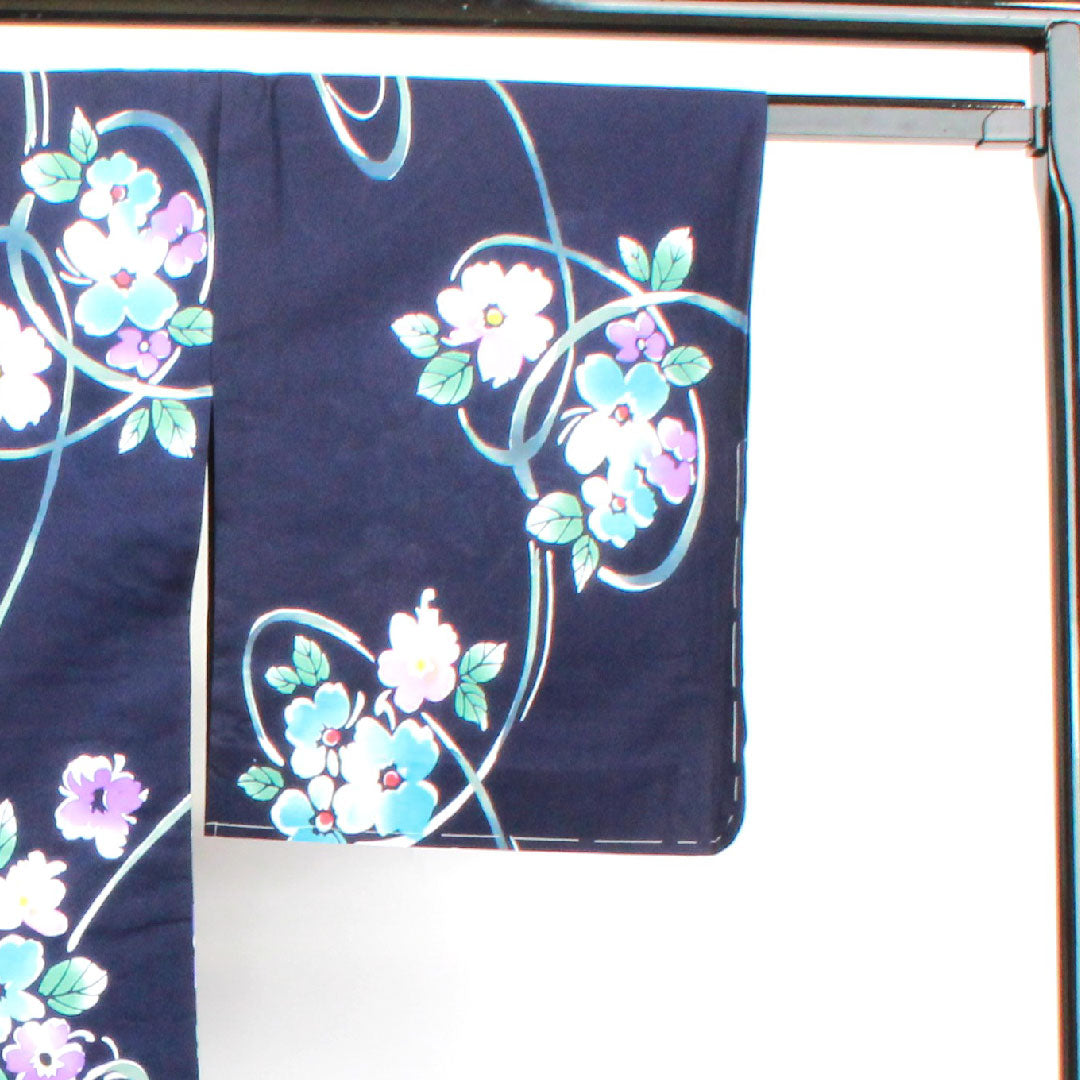 Yukata with basting thread, unused, dark navy blue, abstract flower, cotton, S rank, single layer, length 164cm, sleeve length 67cm, navy blue, 1118003432418