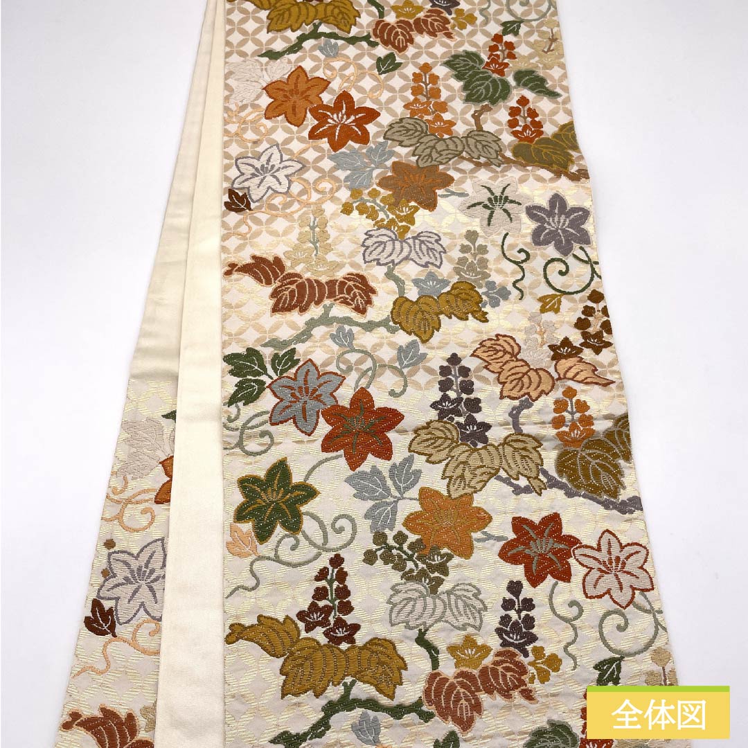 袋帯 正絹 胡粉色(ごふんいろ) 唐織 七宝桐鉄線文 帯丈422cm Aランク 六通 フォーマル 白系 1123014093311