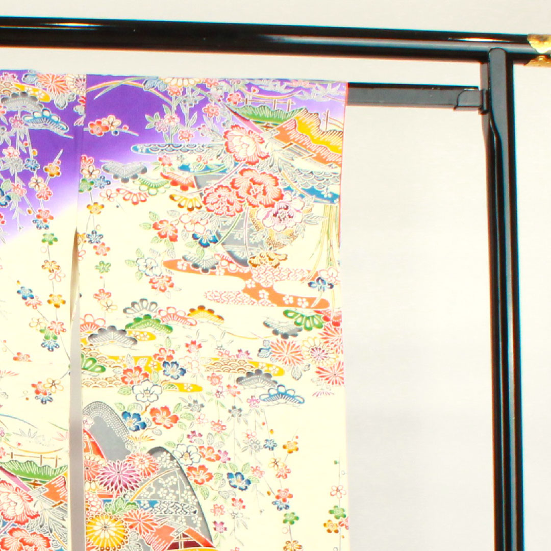振袖 身丈162cm 裄丈65cm 袷 京紅型 松竹梅 菊 風景模様 正絹 Sランク 白系 1113001632411