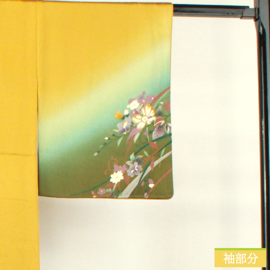 Homongi, pure silk, lined, length 156.5cm, sleeve length 62.5cm, ochre, Kyoto Yuzen, floral pattern, Scotchguard processing, S rank, yellow, 1112004422323