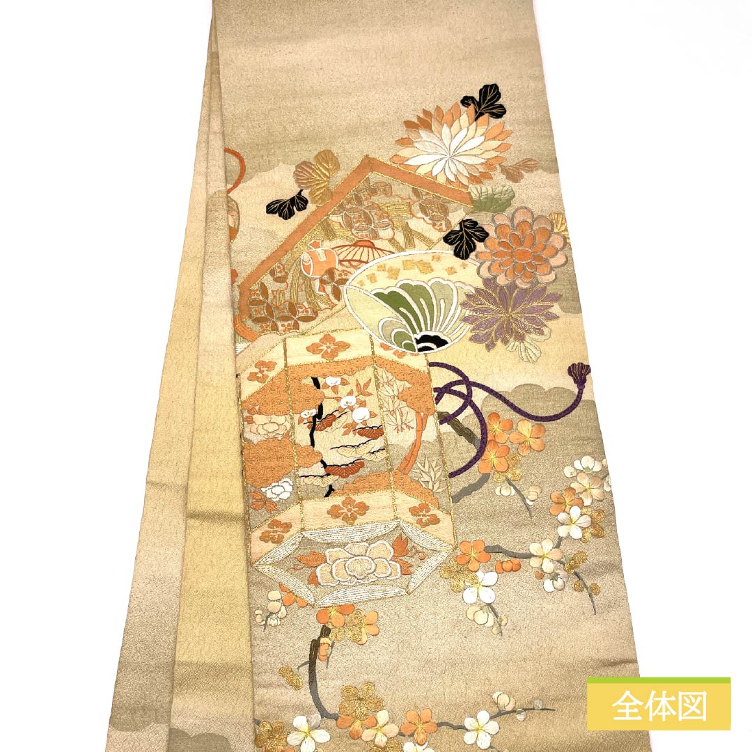 (Maru obi) Fukuro obi, pure silk, Torinoko color, Maru obi, antique, embroidery, obi length 410cm, A rank, point pattern, formal, beige, 1123013863325